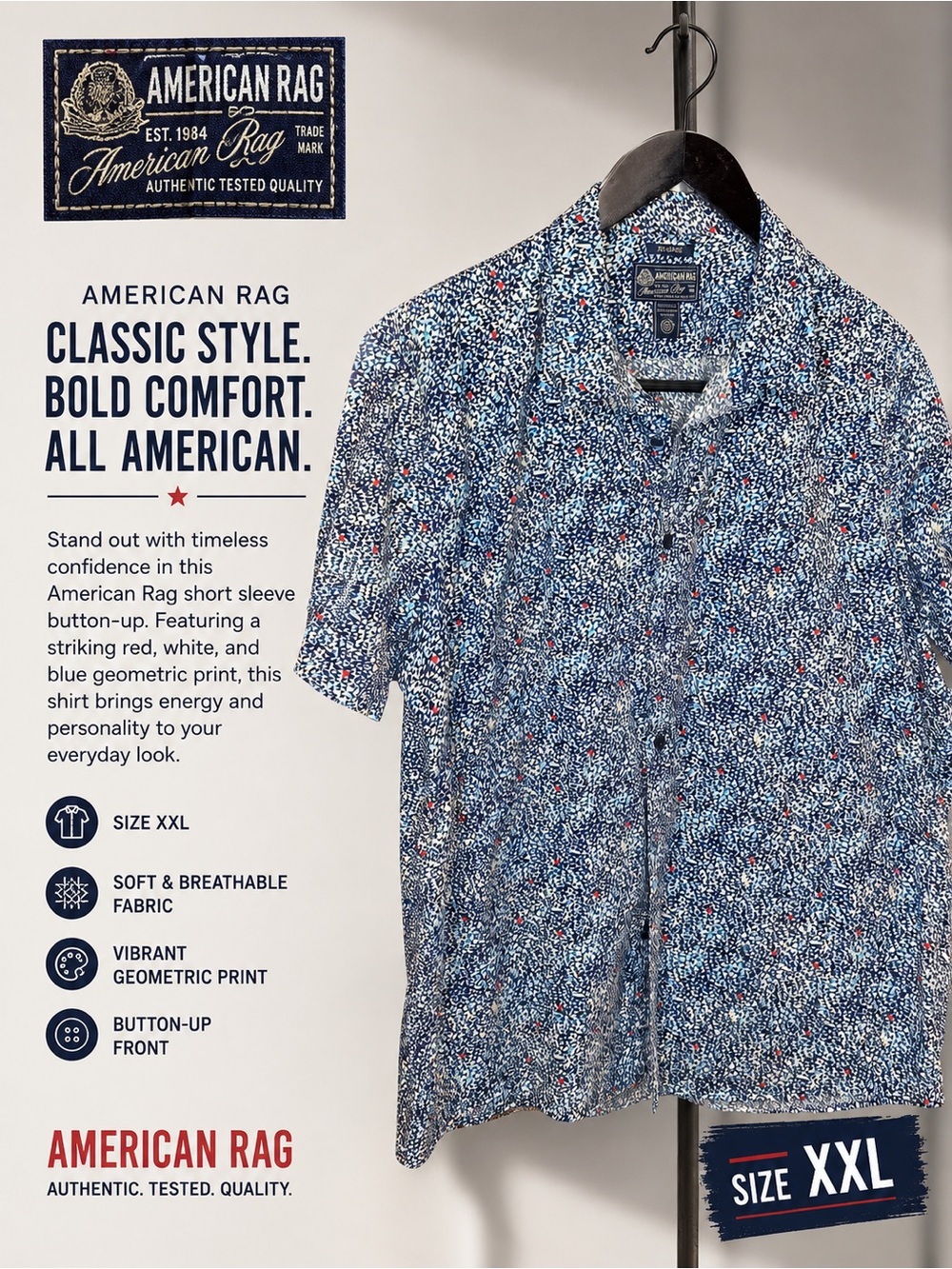 American Rag Short-Sleeve Button-Up Shirt in Blue with Red Accents